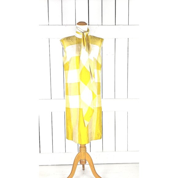 Vintage Star of Siam yellow buffalo plaid checker sleeveless silk shift dress